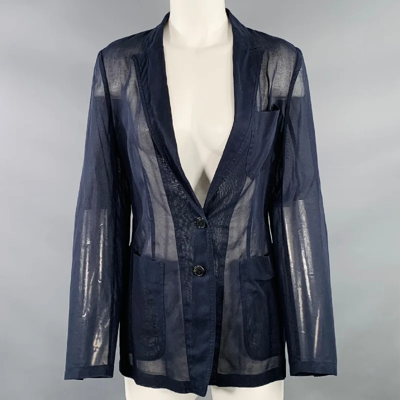 DRIES VAN NOTEN Size XS Navy Cotton Sheer Peak Lapel Jacket Blazer Print Jacket Jacquard Jacket Embroidered Jacket