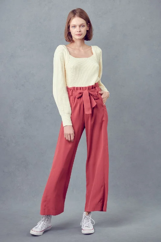 DUSTY BERRY HIGH-WAISTED SELF-TIE WIDE LEG PAPERBAG PANTS MP9396 Trendy High-Waist Trousers