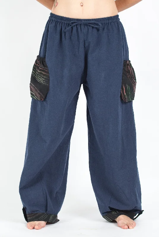 Unisex Drawstring Cotton Pants with Hill Tribe Trim in Blue Comfortable Denim Leggings
