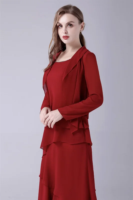 Burgundy Ruffles Chiffon Mother of the Bride Dresses With Jacket Notch Collar Peter Pan Collar Cowl Neck Burgundy Ruffles Chiffon Mother of the Bride Dresses With Jacket Notch Collar Peter Pan Collar Cowl Neck
