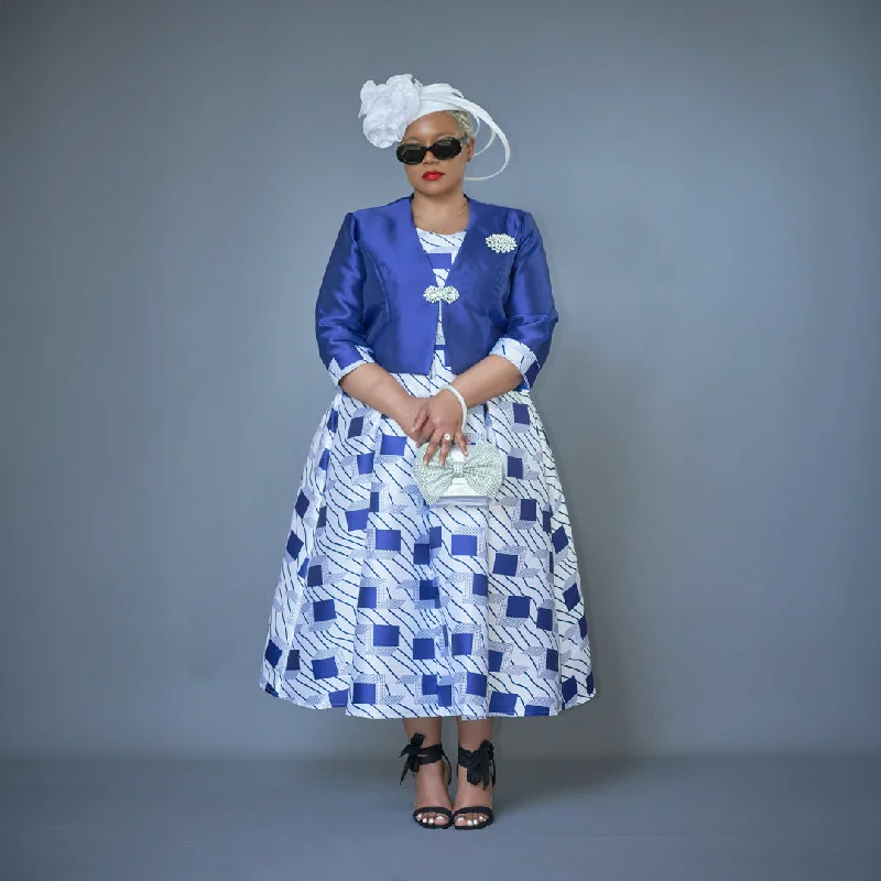 Blue & White Box Pleat Dress with Bolero Jacket Nylon Fabric Polyester Fabric Spandex Fabric