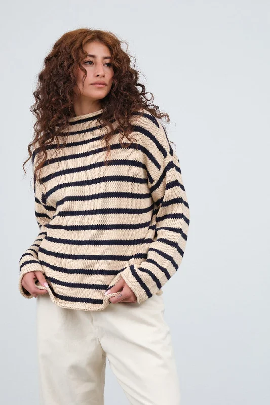 Lamis Stripe Sweater in Natural/Navy Toggled Drawstring Belted