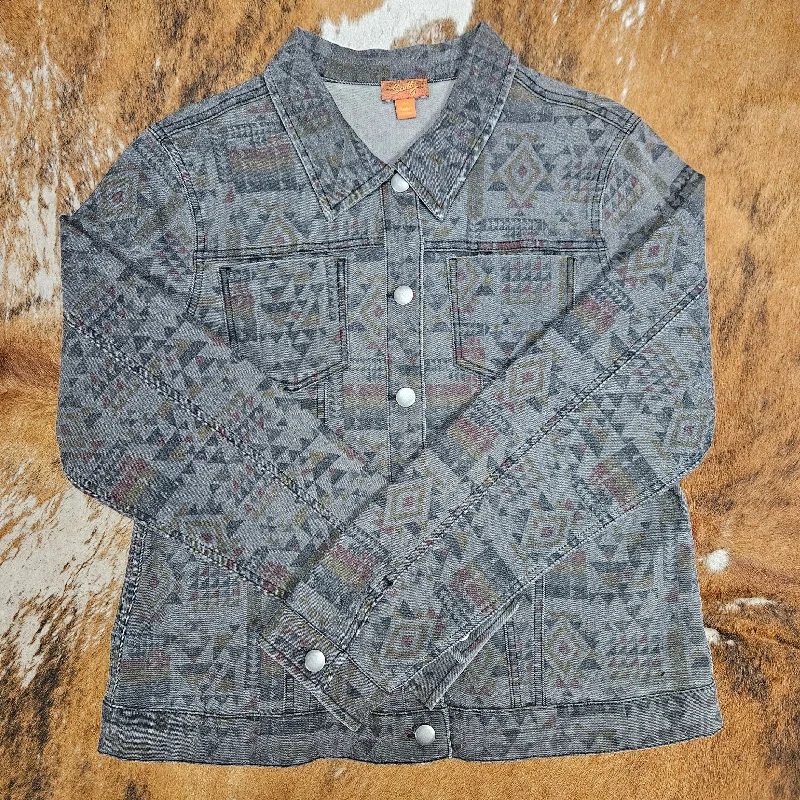 Scully Honey Creek Women's Grey Denim Aztec Jacket Front Pockets Side Pockets Patch Pockets