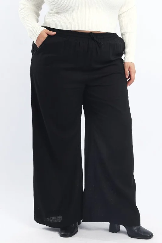 Black Back Pocket Linen Blend Wide Leg Pants Comfy High-Waist Jeans