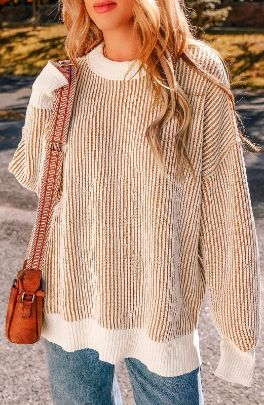 Stripe Textured Knit Contrast Loose Sweater Thin Thick Dense