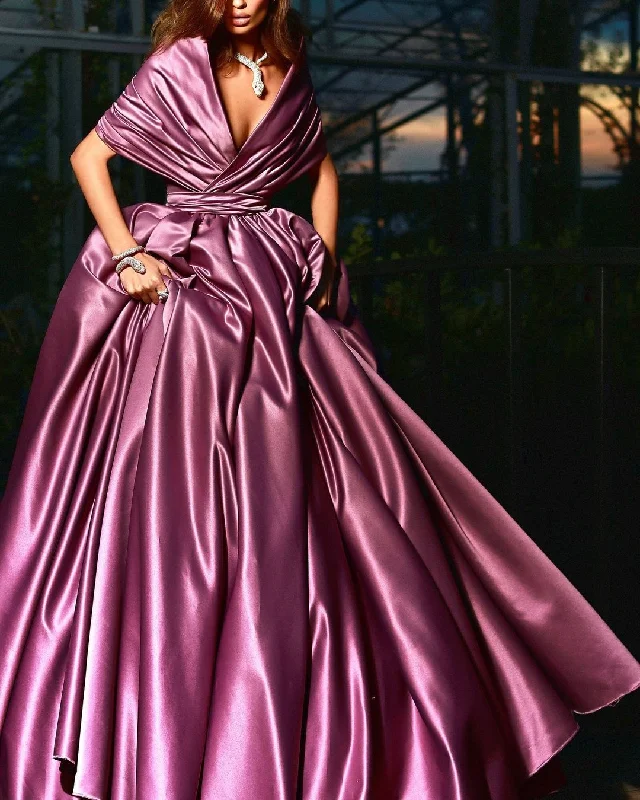 Cinessd Elegant Purple Satin Long Prom Dresses Sexy Shawl V-Neck Off The Shoulder Pleat Ruched Formal Evening Party Dresses 2022 Tunics Luxurious high-end Cinessd Elegant Purple Satin Long Prom Dresses Sexy Shawl V-Neck Off The Shoulder Pleat Ruched Formal Evening Party Dresses 2022 Tunics Luxurious high-end