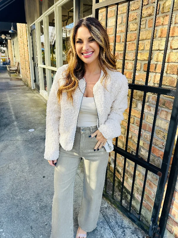 Teddy Sherpa Jacket- Ivory Belted Jacket Elasticated Jacket Padded Jacket