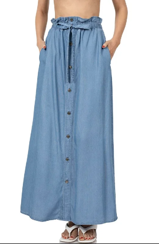 Chambray Paperbag Waist Button Front Maxi Skirt ribbed skirt waist