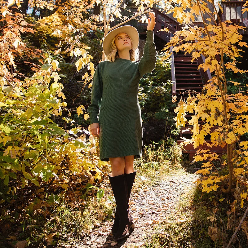 Atlas Ribbed Sweater Dress, Emerald Boat Neck Shawl Collar Notched Collar