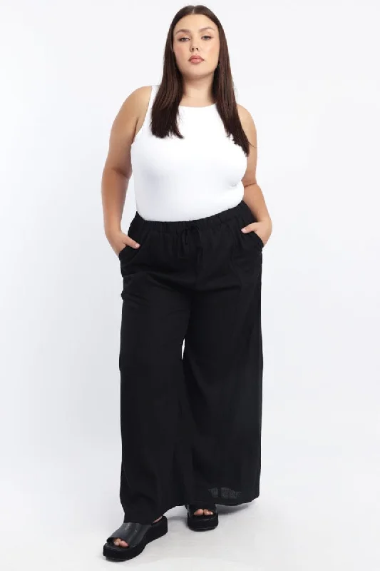 Black Seam Detail Linen Blend Wide Leg Pants Comfortable Denim Leggings