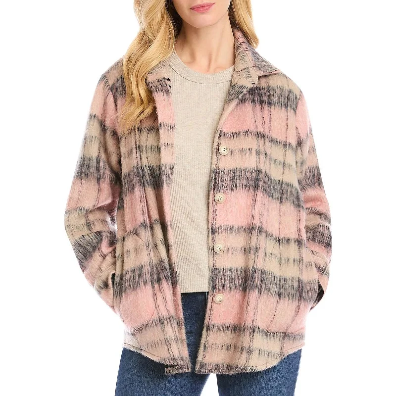 Karen Kane Womens Plaid Collared Shirt Jacket Collared Jacket Crew Neck Jacket Turtle Neck Jacket