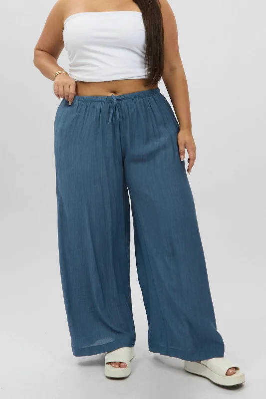 Blue Textured Wide Leg Pants Lightweight Jogger Pants
