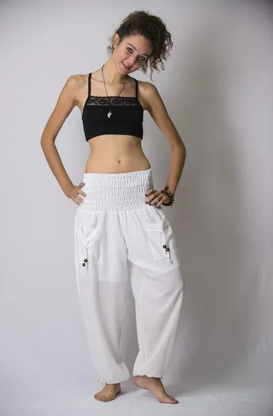 Womens Solid Color Smocked Waist Pants in White Warm Wool Trousers