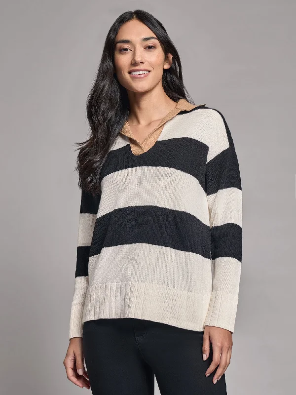 Colorblock Long Sleeve Polo Sweater Zippered Front Buttoned Front Snap Front