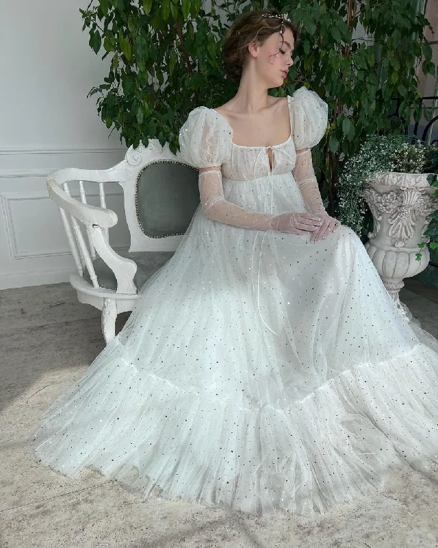 Cinessd Sparkly Starry Tulle Long Prom Dresses Square Puff Sleeves A-Line Tiered Evening Gowns Wedding Party Dress 2022 sweetheart Neckline Romantic Cinessd Sparkly Starry Tulle Long Prom Dresses Square Puff Sleeves A-Line Tiered Evening Gowns Wedding Party Dress 2022 sweetheart Neckline Romantic