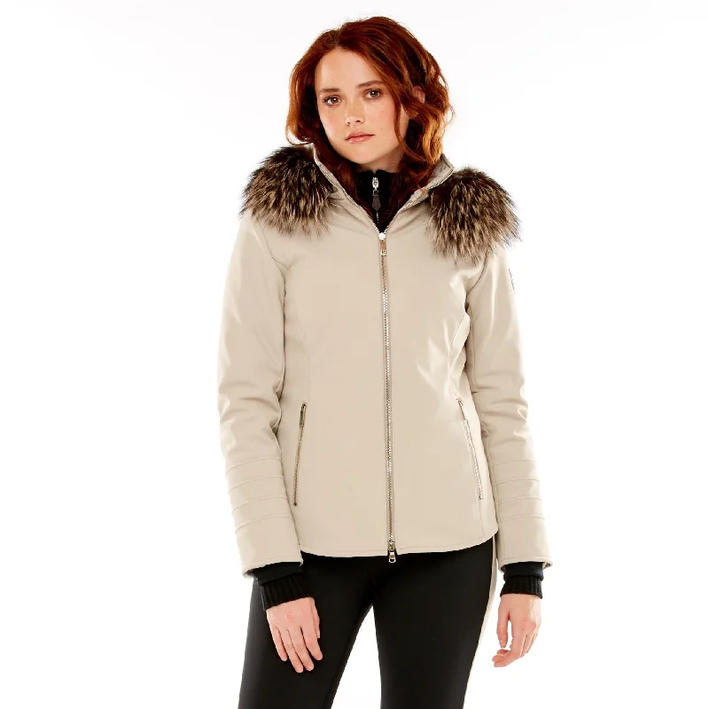 M. Miller Tori Insulated Soft Shell Jacket with Winterfrost Hoodtrim Putty Stretch Front Pockets Side Pockets Patch Pockets