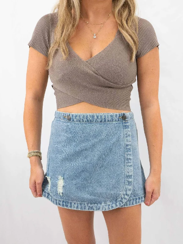 Stone Washed Denim Crossover Mini Skirt cotton skirt soft