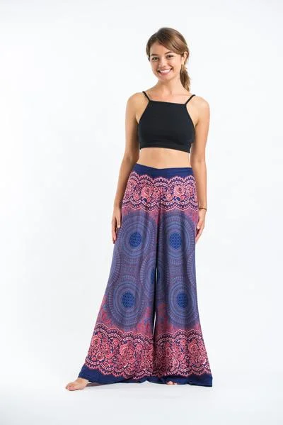 Womens Geometric Mandalas Palazzo Pants in Blue Soft Wool Pants