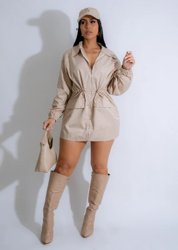 CAY1336P - DRAWSTRING WAIST TRACK JACKET DRESS Cotton Fabric Linen Fabric Terry Fabric