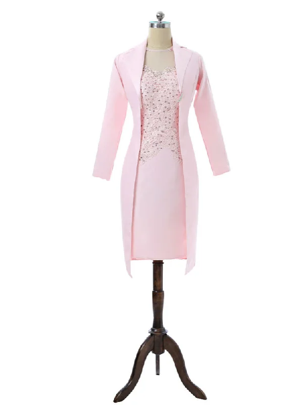 Pink Sheath Knee Length Mother Of The Bride Dresses With Jacket Striped Jacket Polka Dot Jacket Floral Jacket