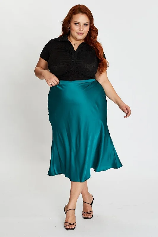 Green Midi Satin Skirt Elastic Waist tulle skirt dreamy