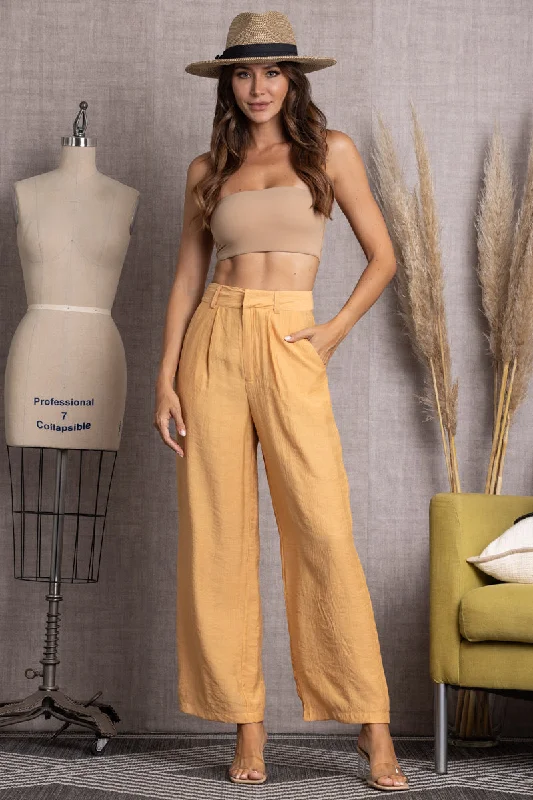 CARAMEL PLEATED LINEN WIDE LEG PANTS VE60043BOT Modern Stretch Trousers