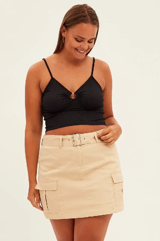 Beige Cargo Skirt Belted Mini Cotton seamless skirt comfort