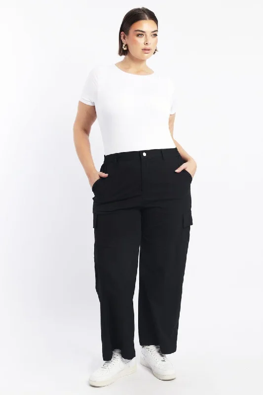 Black Elastic Back Stretch Cotton Poplin Cargo Pants Casual Skinny Fit Pants