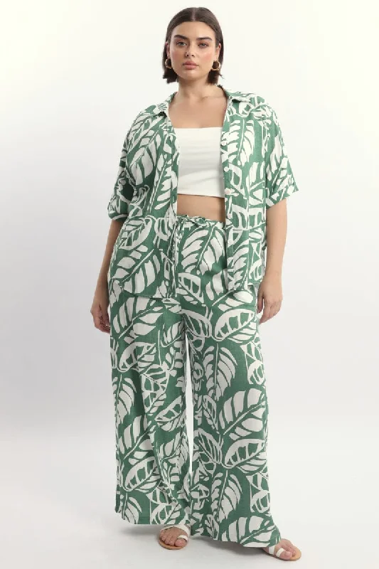 Green Abstract Elastic Waist Linen Blend Wide Leg Pants Comfy High-Waist Jeans