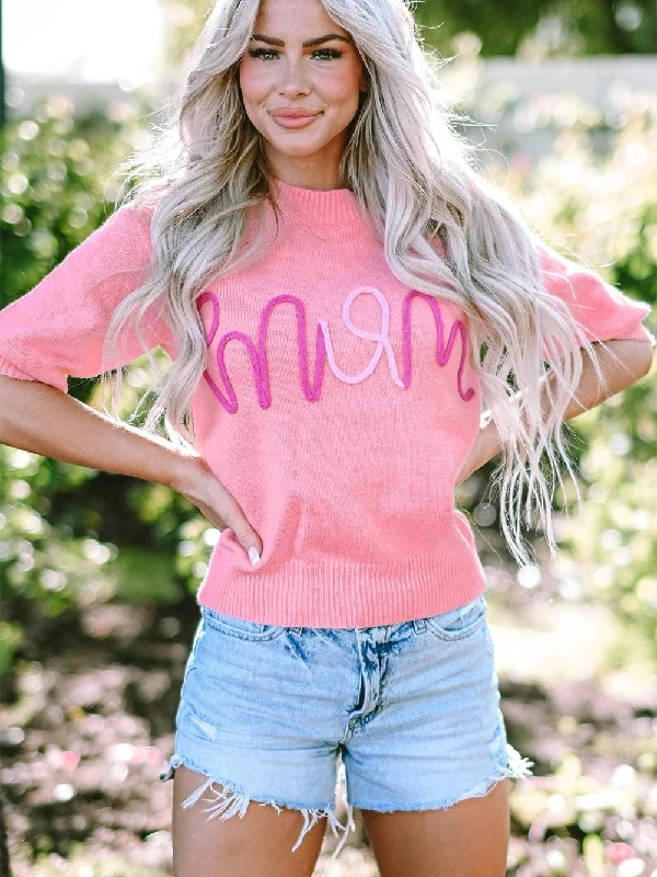 Bonbon Tinsel Detail Short Sleeve Sweater for Chic Moms Lace Blend Ribbed Blend Corduroy Blend