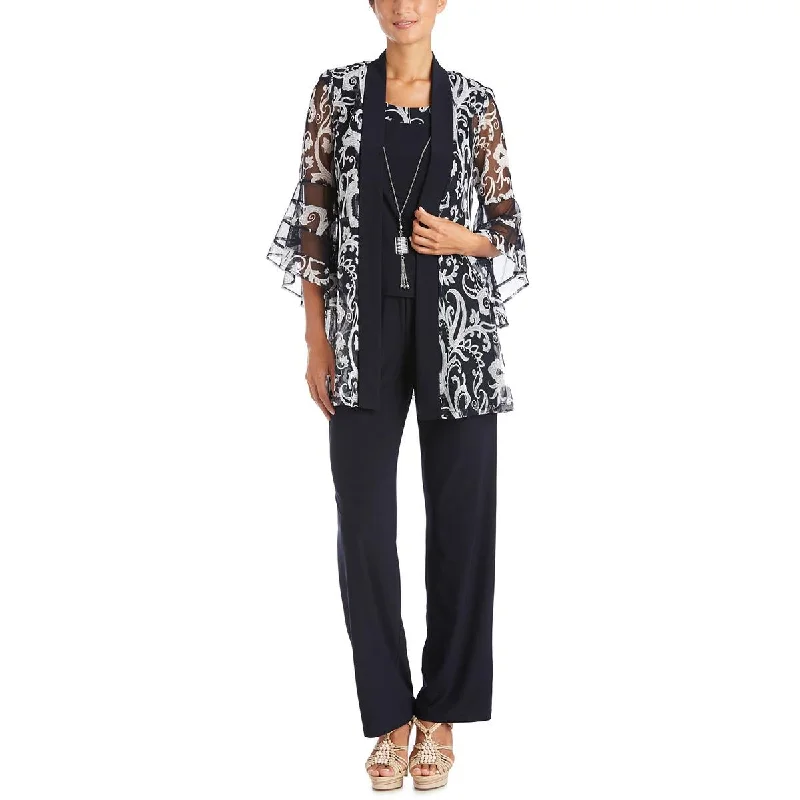 R&M Richards Womens Jacket Top Flared Pants Satin Fabric Silk Fabric Chiffon Fabric