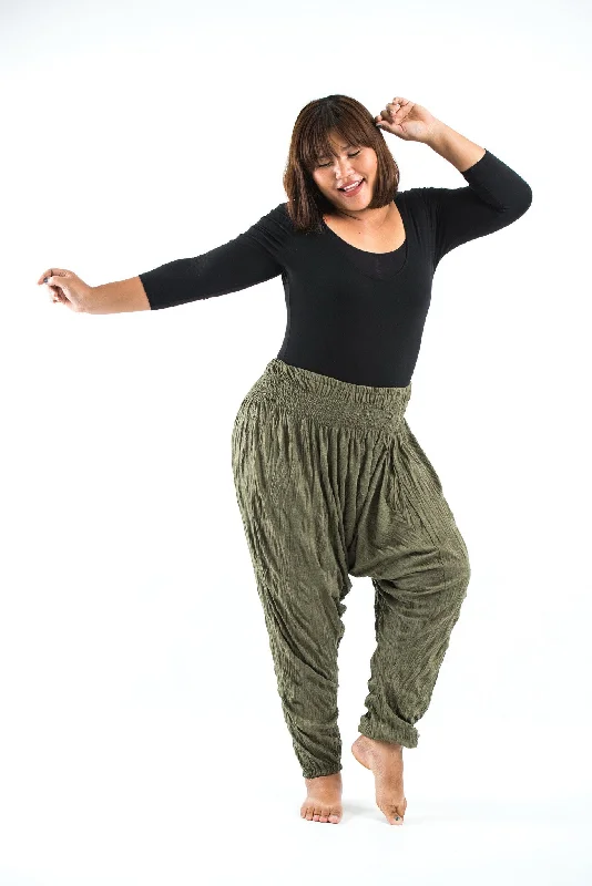 Plus Size Unisex Crinkled Cotton Harem Pants in Green Modern Stretch Trousers