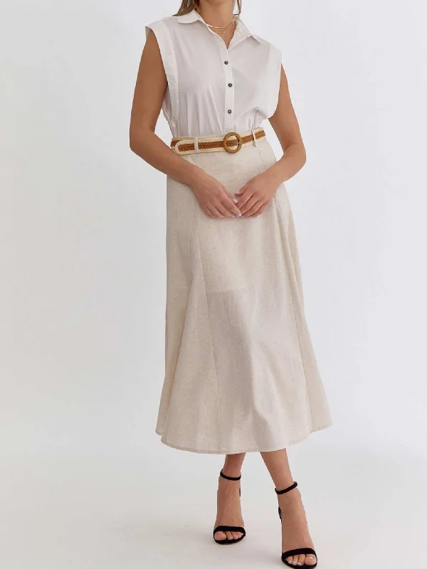 Linen Look High Waist Belted Flare Midi Skirt silk skirt lustrous