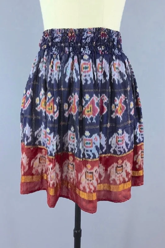 Indian Sari Skirt - Blue Elephant & Bird Print denim skirt classic
