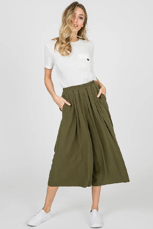 OLIVE PLEATED ELASTIC BAND WAIST WIDE-LEG CAPRI PANTS P1012 Elegant Dress Pants