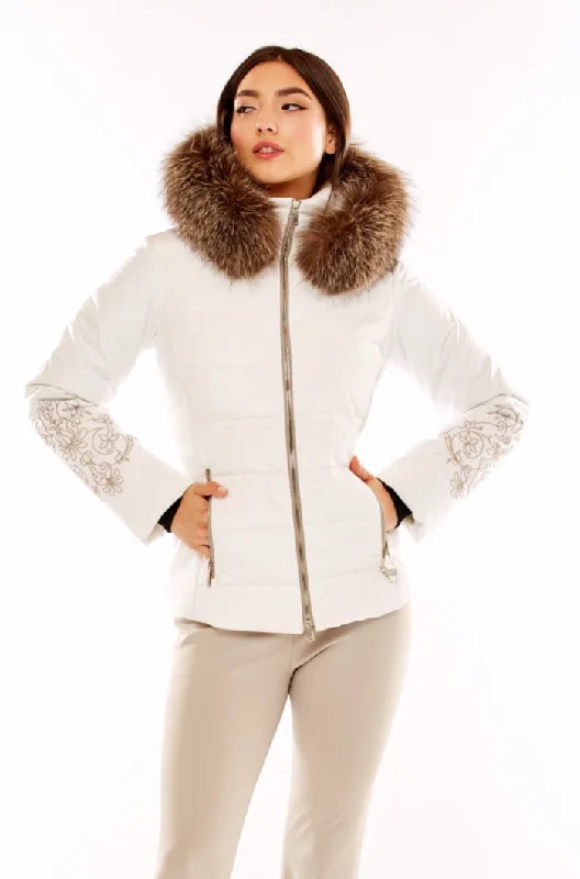 M. Miller Women's Keirsten White Stretch Paneled down Jacket W/ Fur Trim Embroidered Jacket Appliqued Jacket Beaded Jacket