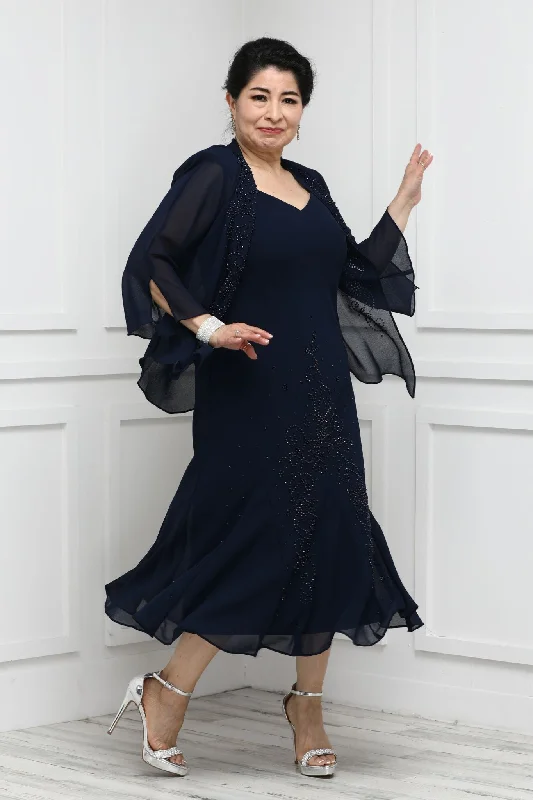 Petite Women's Beaded Chiffon Jacket Dress - Mother of The Bride Dress Stand-Up Collar Roll-Neck Collar Turtle Neck