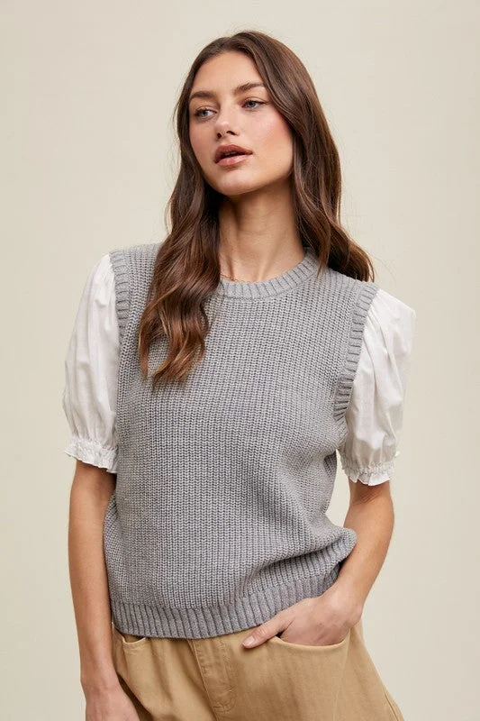 Twofer Puff Sleeve Sweater Blouse Denim Fabric Leather Fabric Suede Fabric