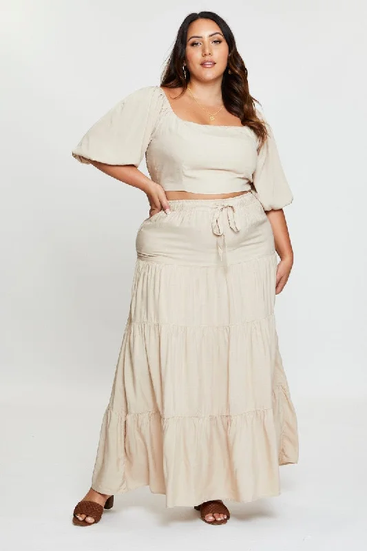 Beige High Waist Tiered Maxi Skirt patchwork skirt art