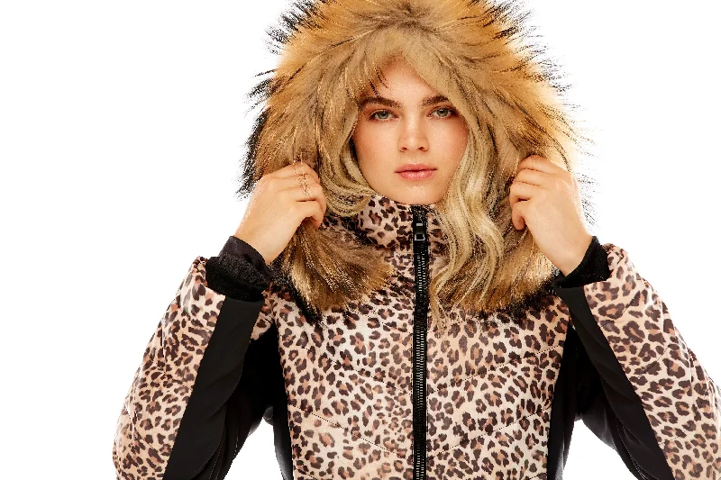 M. Miller Holly Soft Shell Down Jacket with Natural Finn Leopard Microtech Made in the USA Welt Pockets Slit Pockets Flap Pockets