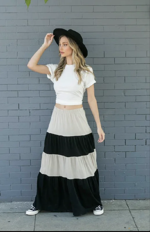 Color Block Cotton Tiered Maxi Skirt casual skirt length