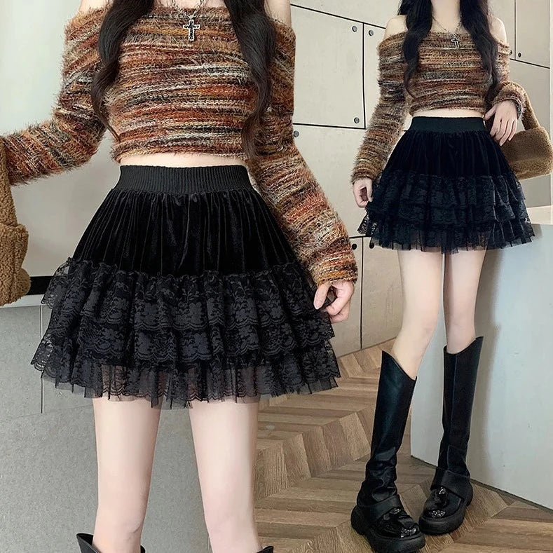 Mitah Velvet & Lace Goth Mini Skirt silk skirt lustrous