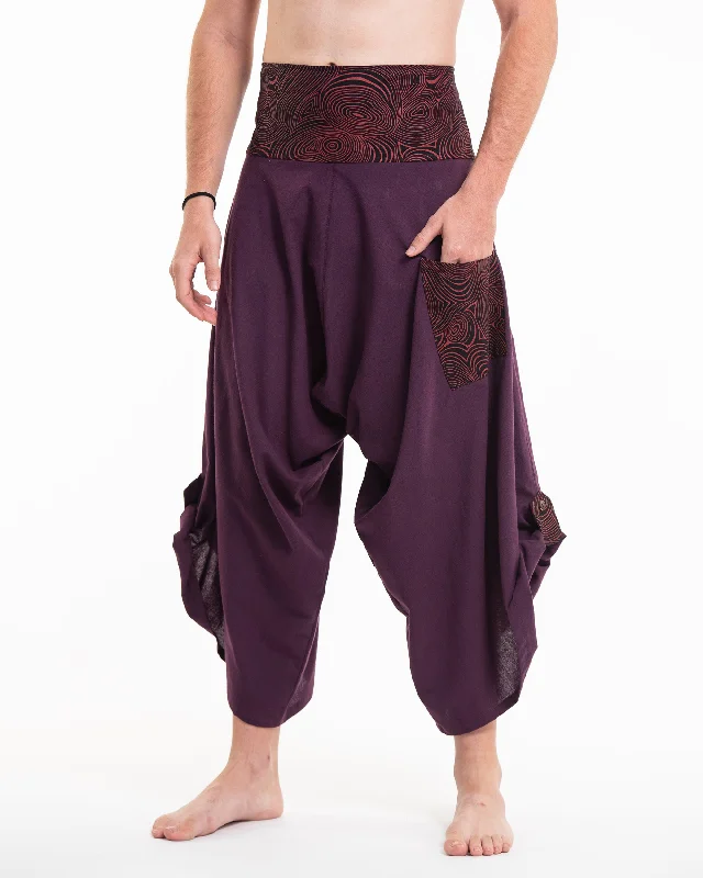 Unisex Button Up Cotton Pants with Hill Tribe Trim in Purple Relaxed Casual Leggings