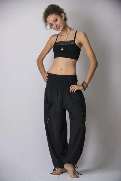 Womens Solid Color Smocked Waist Pants in Black Relaxed Lounge Trousers