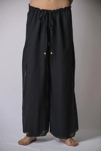 Womens Solid Color Double Layered Palazzo Pants in Black Casual Lounge Pants