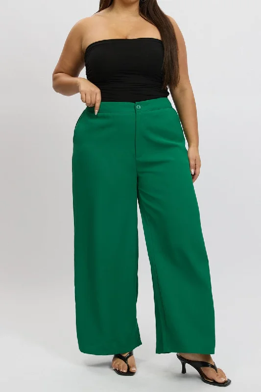 Green Tailored Wide Leg Pant Elastic Back Waistband Stylish Slim Trousers