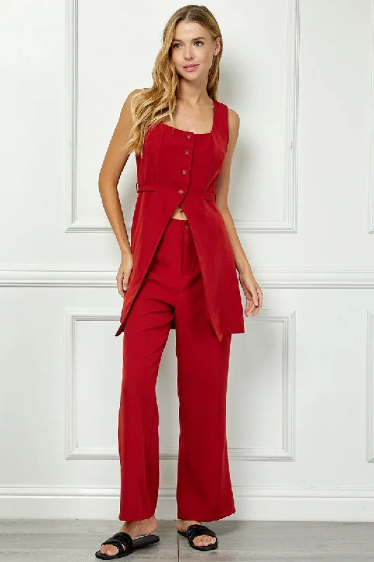 RUST SLEEVELESS SPLIT FRONT VEST AND MID-RISE PANTS SET AVV51141W Stretch Fit Pants