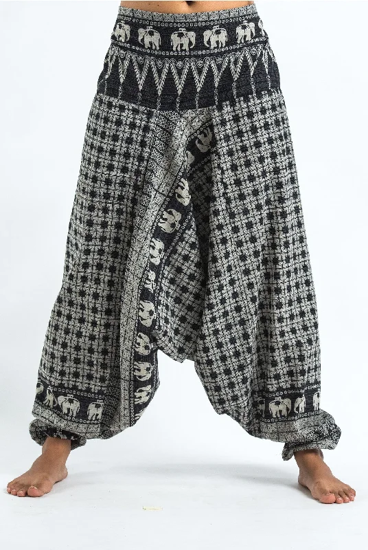 Unisex Hill Tribe Elephants Harem Pants in Black Classic Stretch Pants