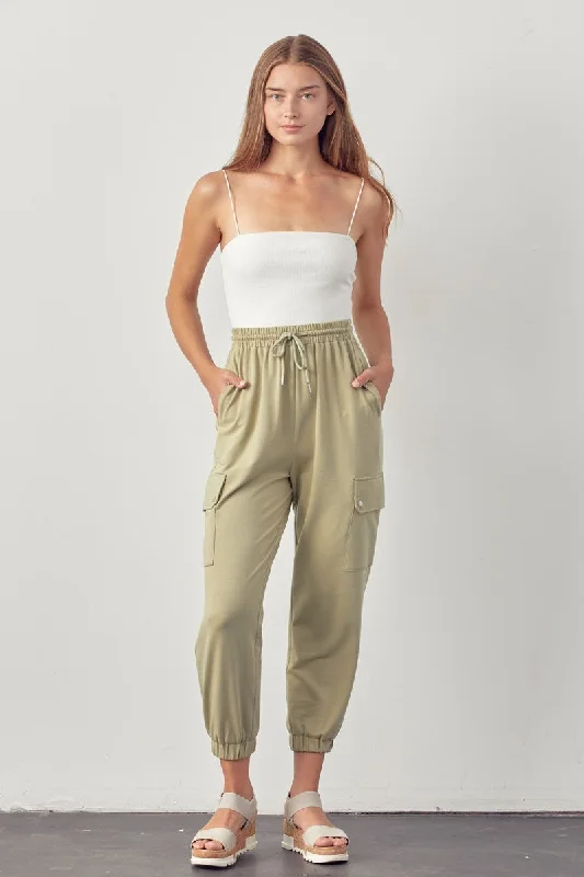 SAGE TERRY SELF-TIE WAIST W/FLAP SIDE POCKETS JOGGER PANTS MP9282 Elegant Wool Trousers