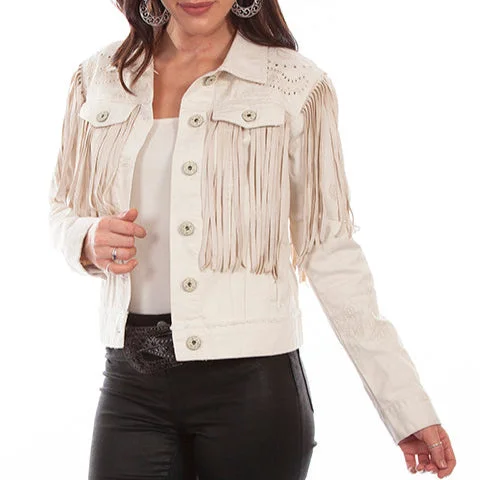 Scully Honey Creek Women's Fringe Jean Jacket in Off White Wool Fabric Cashmere Fabric Tweed Fabric Scully Honey Creek Women's Fringe Jean Jacket in Off White Wool Fabric Cashmere Fabric Tweed Fabric